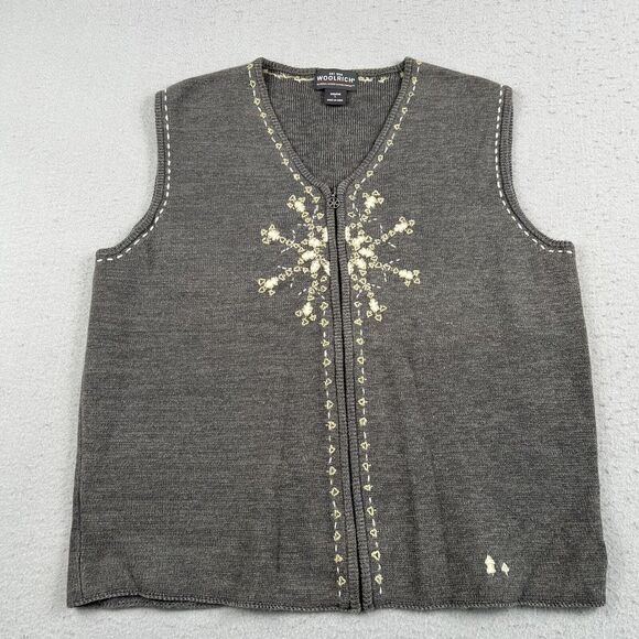 Woolrich Full Zip charcoal Gray Heathered Embroidered Snowflake Vest Womens L - Picture 1 of 16